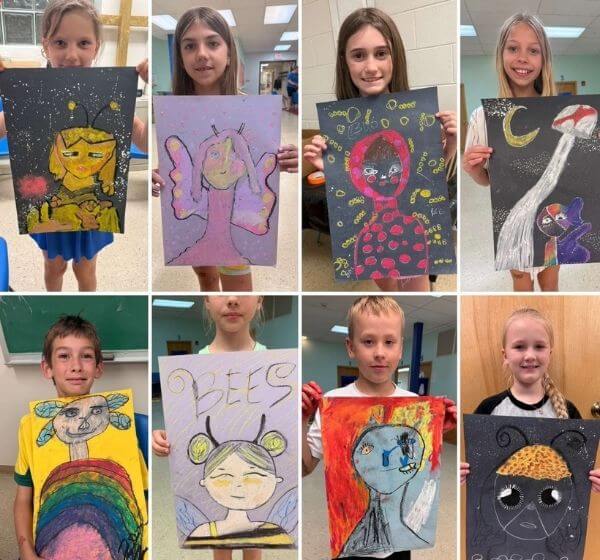 Collage of children holding finished paintings from Siela Summer Camp 2025